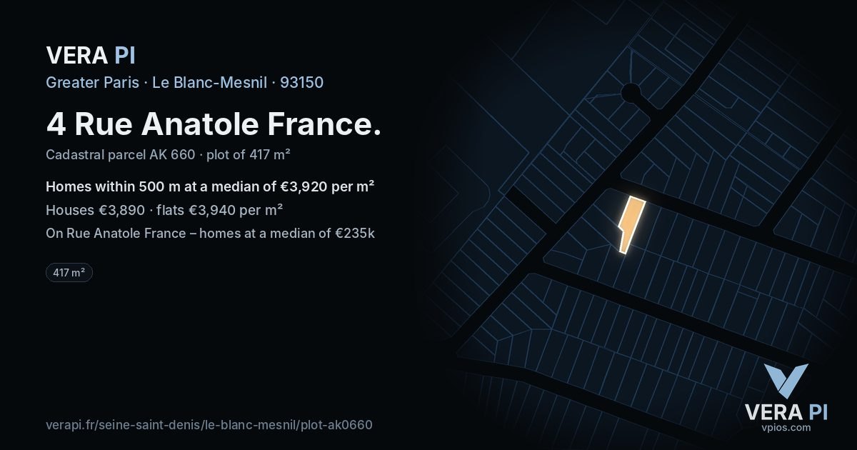 4 Rue Anatole France, Le Blanc-Mesnil at night – the plot lit, the parcels around coloured by the prices near them