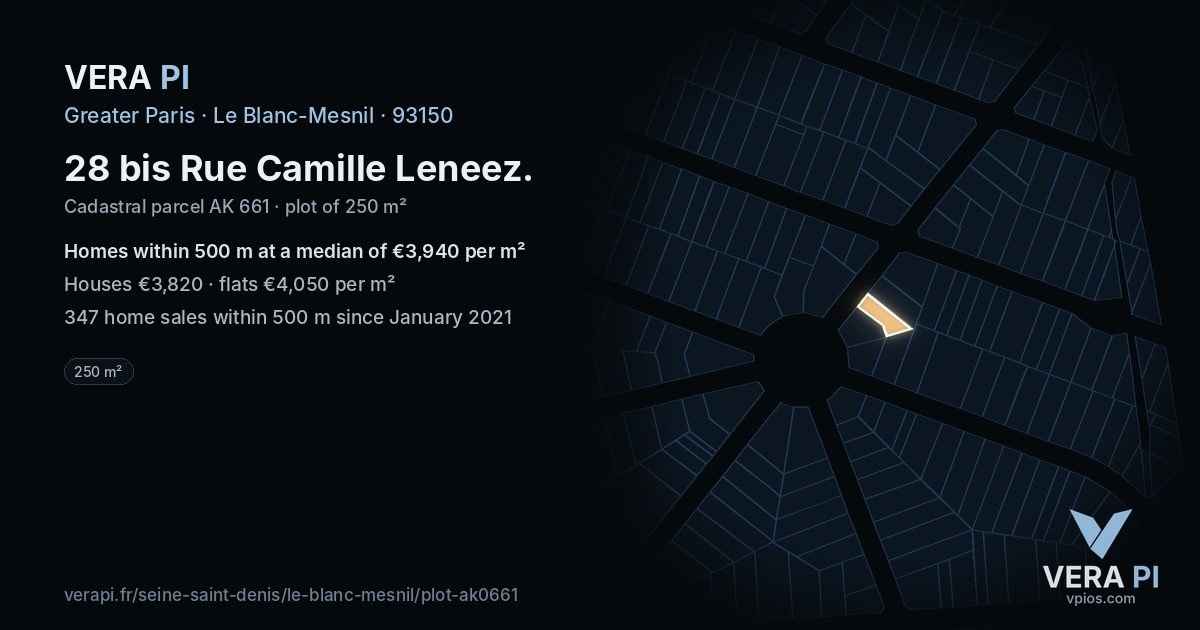 28 bis Rue Camille Leneez, Le Blanc-Mesnil at night – the plot lit, the parcels around coloured by the prices near them