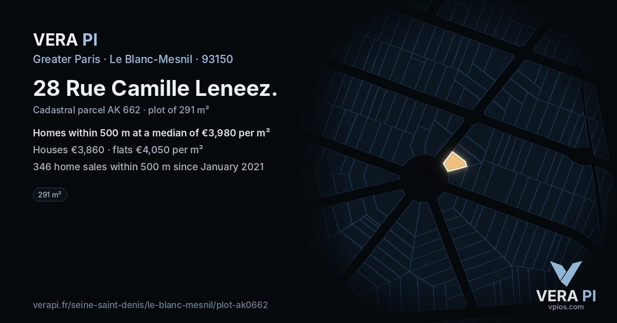 28 Rue Camille Leneez, Le Blanc-Mesnil at night – the plot lit, the parcels around coloured by the prices near them