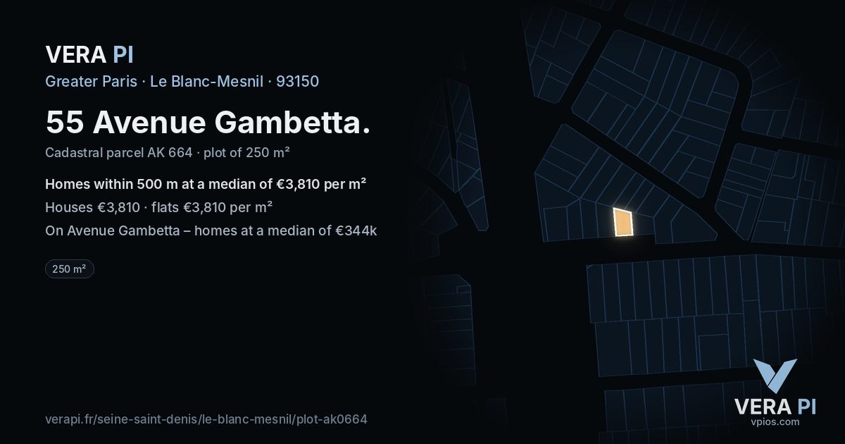 55 Avenue Gambetta, Le Blanc-Mesnil at night – the plot lit, the parcels around coloured by the prices near them