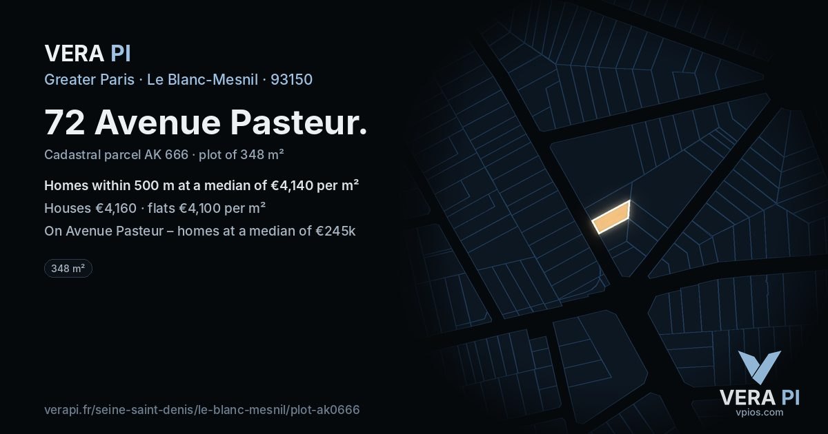 72 Avenue Pasteur, Le Blanc-Mesnil at night – the plot lit, the parcels around coloured by the prices near them