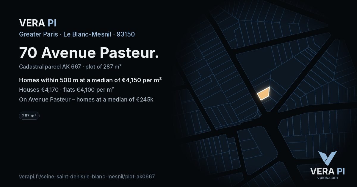 70 Avenue Pasteur, Le Blanc-Mesnil at night – the plot lit, the parcels around coloured by the prices near them