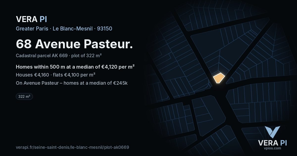 68 Avenue Pasteur, Le Blanc-Mesnil at night – the plot lit, the parcels around coloured by the prices near them