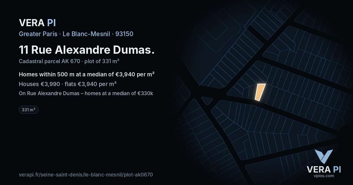 11 Rue Alexandre Dumas, Le Blanc-Mesnil at night – the plot lit, the parcels around coloured by the prices near them