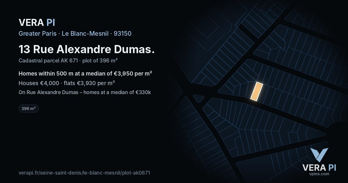 13 Rue Alexandre Dumas, Le Blanc-Mesnil at night – the plot lit, the parcels around coloured by the prices near them