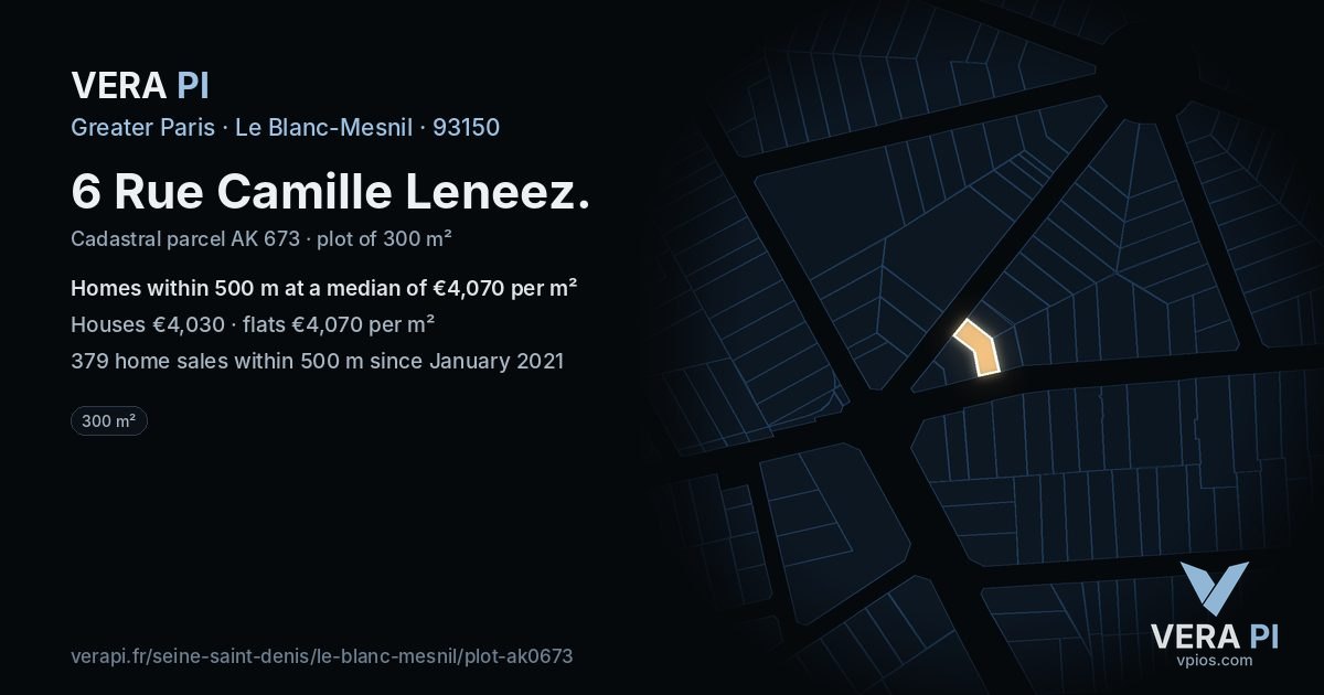 6 Rue Camille Leneez, Le Blanc-Mesnil at night – the plot lit, the parcels around coloured by the prices near them