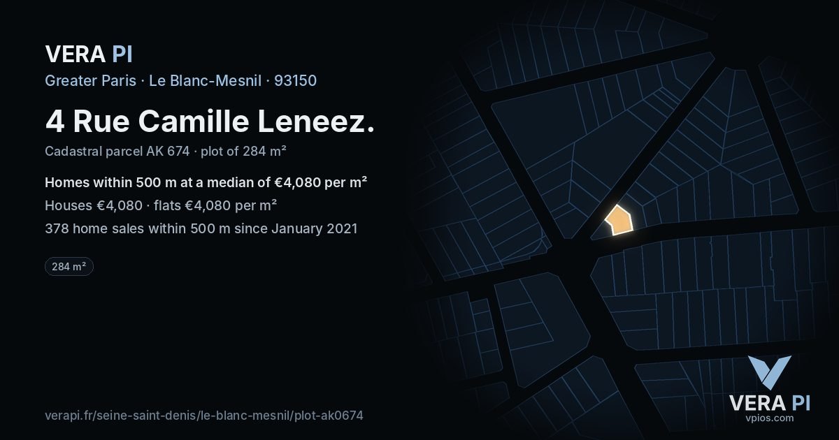 4 Rue Camille Leneez, Le Blanc-Mesnil at night – the plot lit, the parcels around coloured by the prices near them