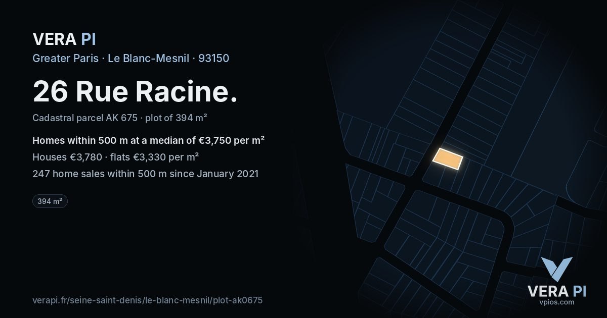 26 Rue Racine, Le Blanc-Mesnil at night – the plot lit, the parcels around coloured by the prices near them