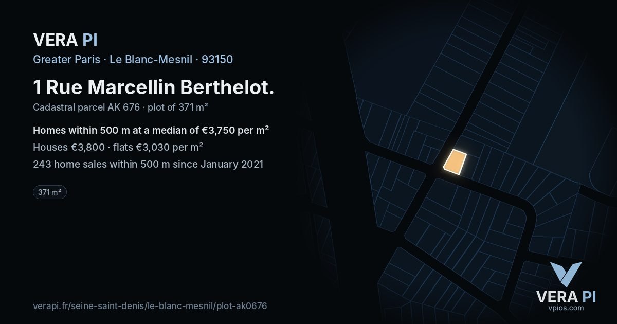 1 Rue Marcellin Berthelot, Le Blanc-Mesnil at night – the plot lit, the parcels around coloured by the prices near them