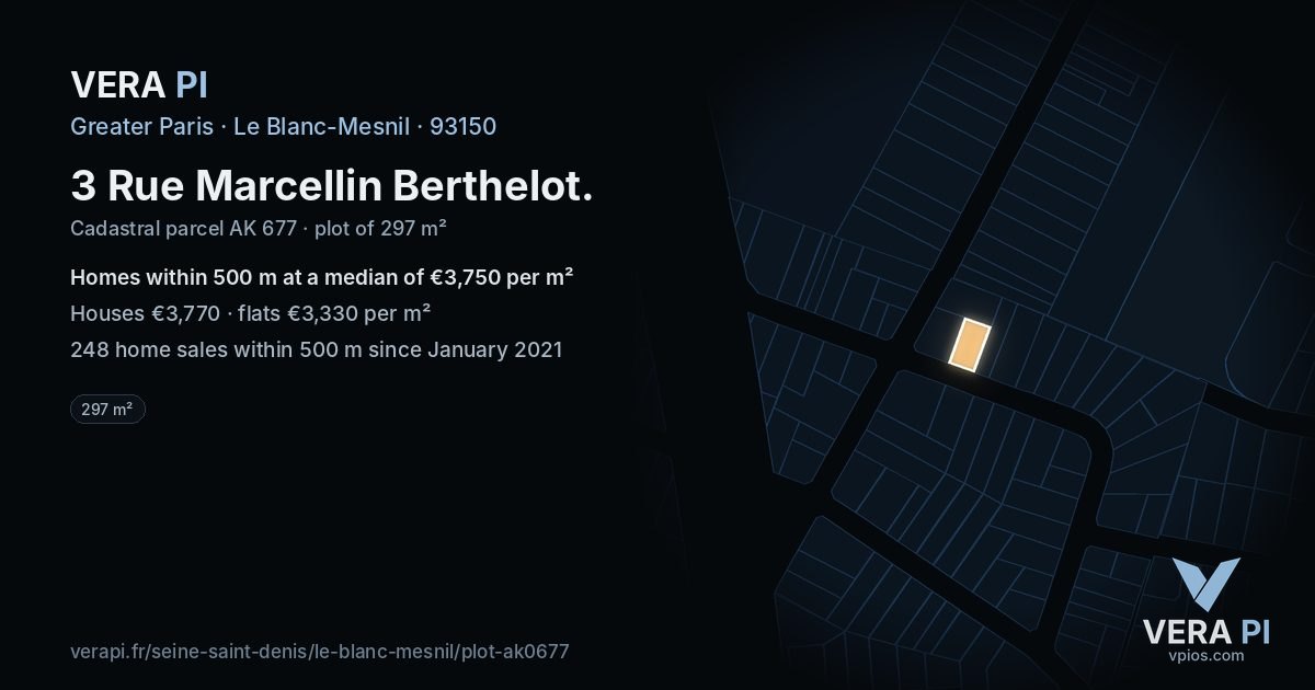 3 Rue Marcellin Berthelot, Le Blanc-Mesnil at night – the plot lit, the parcels around coloured by the prices near them
