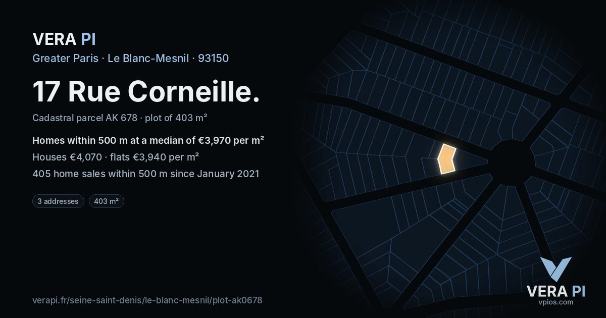 17 Rue Corneille, Le Blanc-Mesnil at night – the plot lit, the parcels around coloured by the prices near them