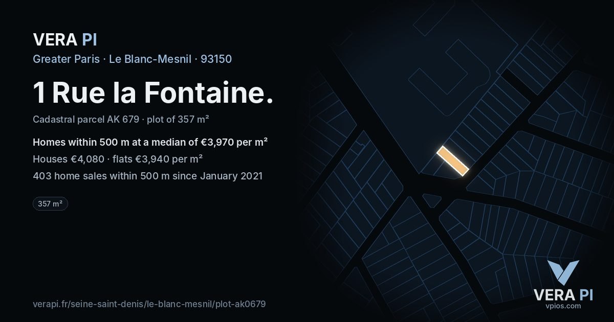 1 Rue la Fontaine, Le Blanc-Mesnil at night – the plot lit, the parcels around coloured by the prices near them