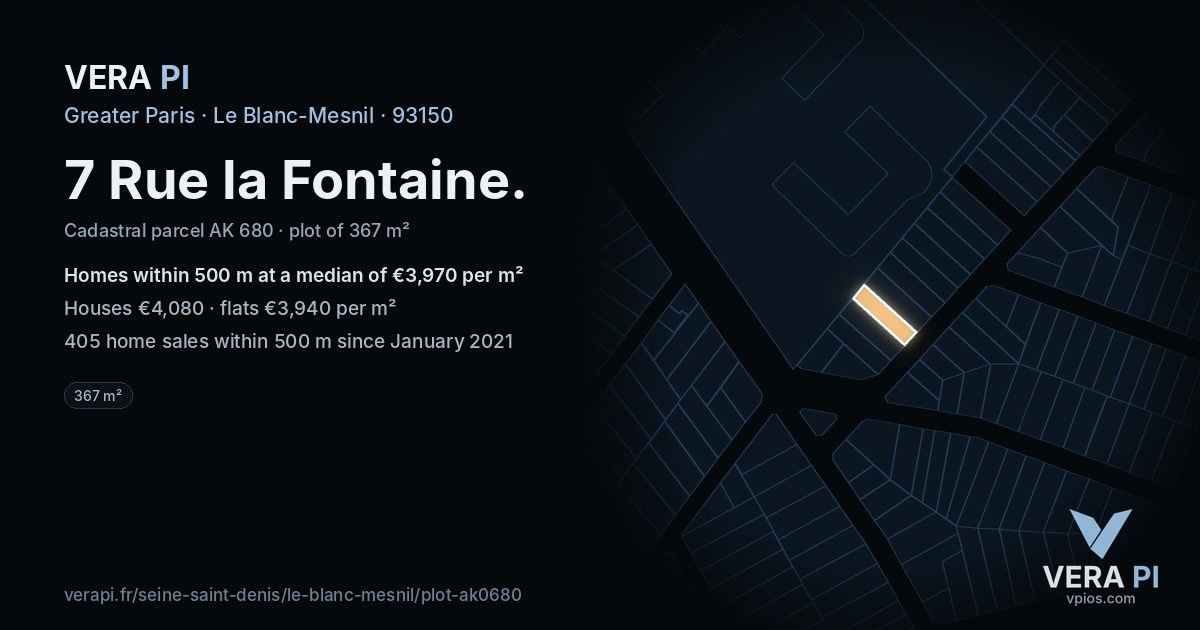 7 Rue la Fontaine, Le Blanc-Mesnil at night – the plot lit, the parcels around coloured by the prices near them