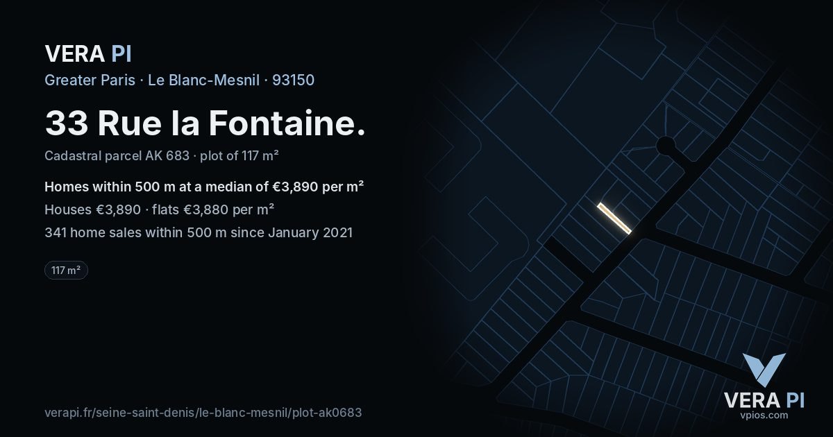 33 Rue la Fontaine, Le Blanc-Mesnil at night – the plot lit, the parcels around coloured by the prices near them