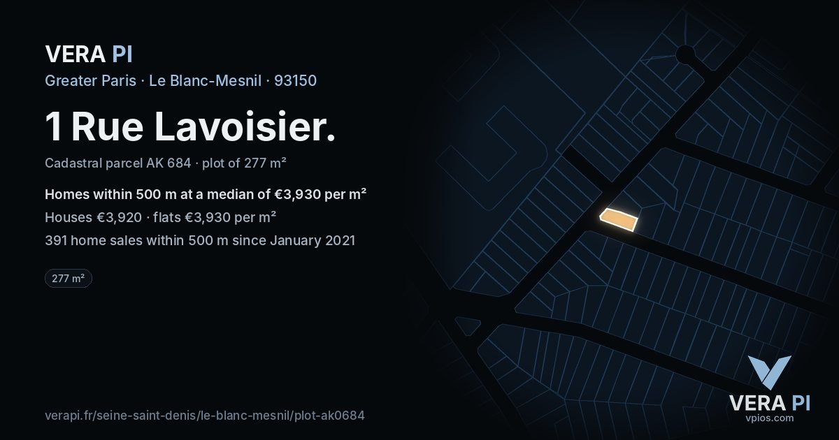 1 Rue Lavoisier, Le Blanc-Mesnil at night – the plot lit, the parcels around coloured by the prices near them