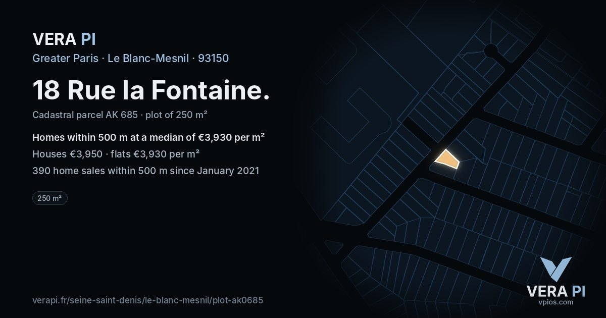 18 Rue la Fontaine, Le Blanc-Mesnil at night – the plot lit, the parcels around coloured by the prices near them