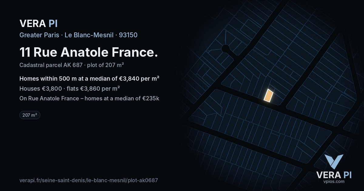 11 Rue Anatole France, Le Blanc-Mesnil at night – the plot lit, the parcels around coloured by the prices near them