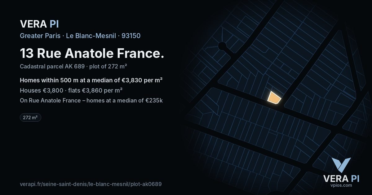 13 Rue Anatole France, Le Blanc-Mesnil at night – the plot lit, the parcels around coloured by the prices near them