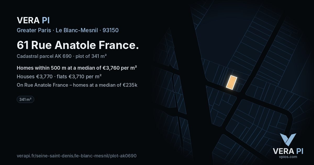 61 Rue Anatole France, Le Blanc-Mesnil at night – the plot lit, the parcels around coloured by the prices near them