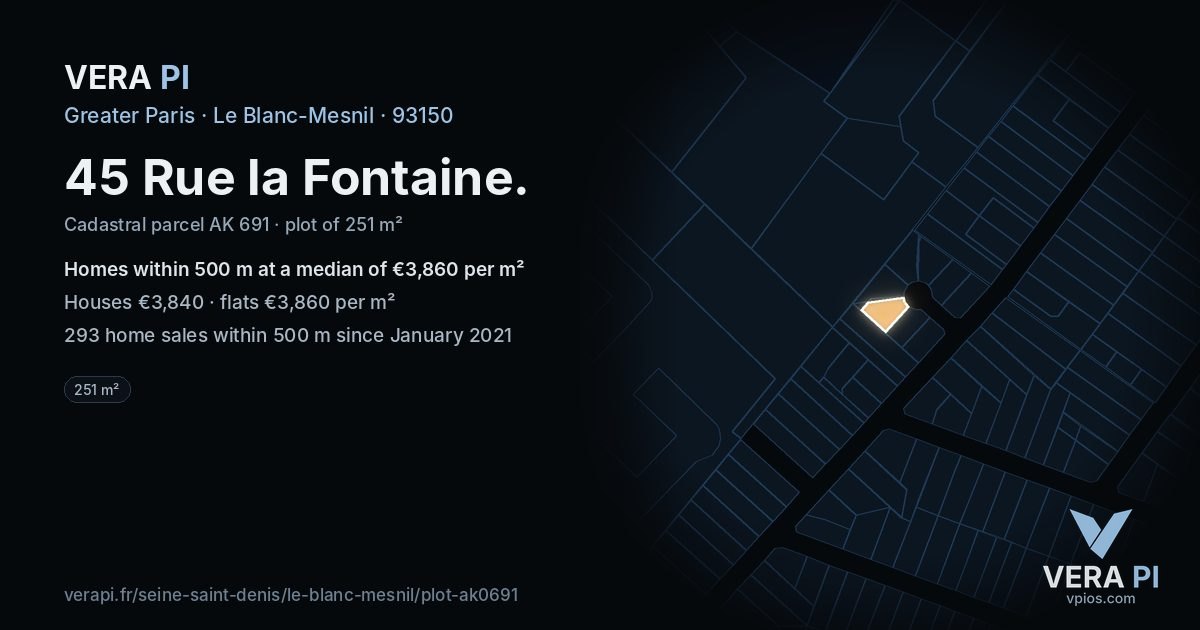 45 Rue la Fontaine, Le Blanc-Mesnil at night – the plot lit, the parcels around coloured by the prices near them