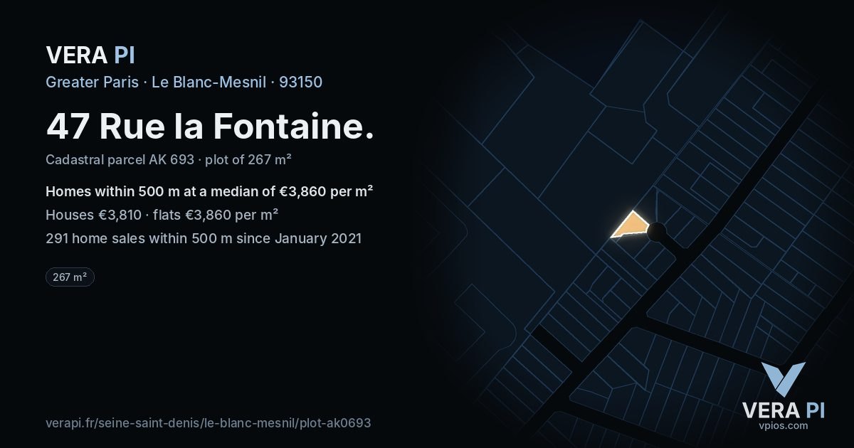 47 Rue la Fontaine, Le Blanc-Mesnil at night – the plot lit, the parcels around coloured by the prices near them