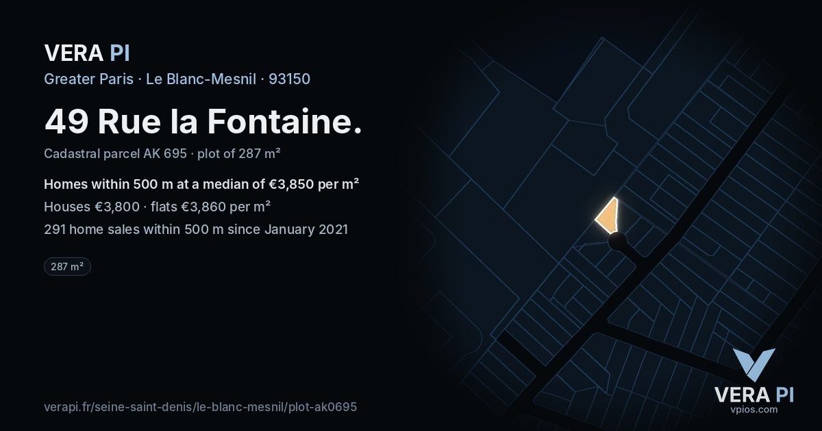 49 Rue la Fontaine, Le Blanc-Mesnil at night – the plot lit, the parcels around coloured by the prices near them
