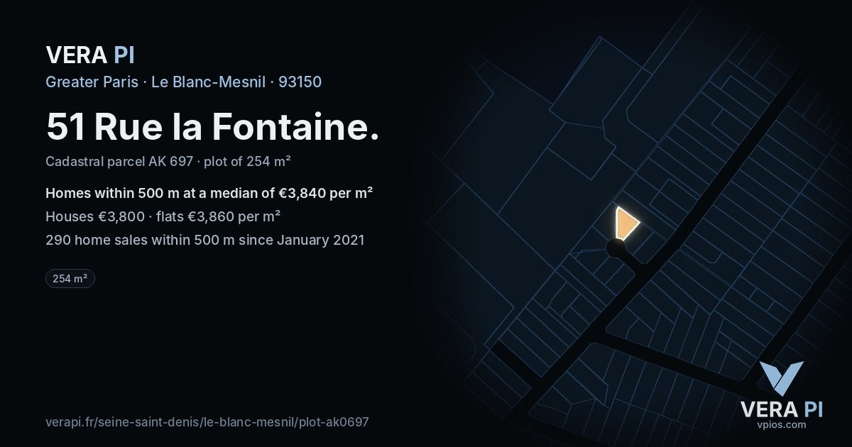 51 Rue la Fontaine, Le Blanc-Mesnil at night – the plot lit, the parcels around coloured by the prices near them
