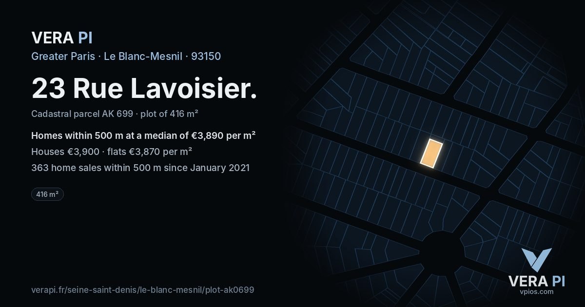 23 Rue Lavoisier, Le Blanc-Mesnil at night – the plot lit, the parcels around coloured by the prices near them