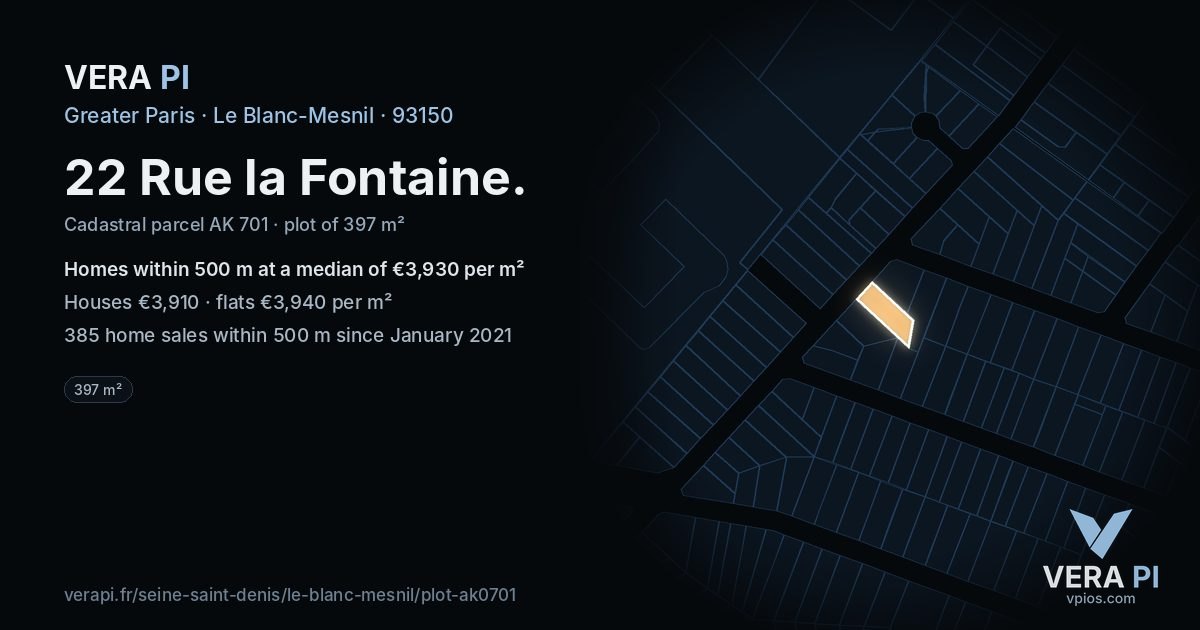 22 Rue la Fontaine, Le Blanc-Mesnil at night – the plot lit, the parcels around coloured by the prices near them