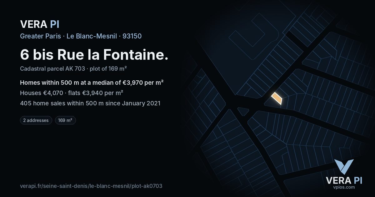 6 bis Rue la Fontaine, Le Blanc-Mesnil at night – the plot lit, the parcels around coloured by the prices near them