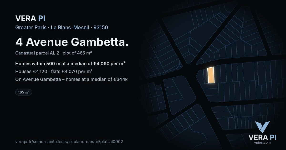 4 Avenue Gambetta, Le Blanc-Mesnil at night – the plot lit, the parcels around coloured by the prices near them