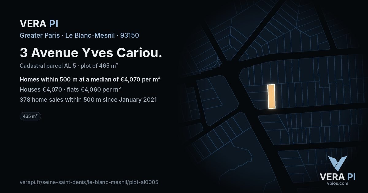 3 Avenue Yves Cariou, Le Blanc-Mesnil at night – the plot lit, the parcels around coloured by the prices near them