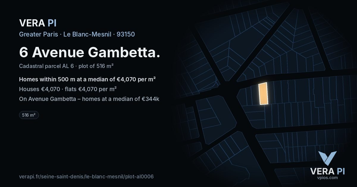 6 Avenue Gambetta, Le Blanc-Mesnil at night – the plot lit, the parcels around coloured by the prices near them