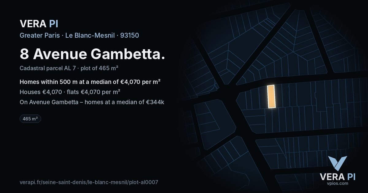 8 Avenue Gambetta, Le Blanc-Mesnil at night – the plot lit, the parcels around coloured by the prices near them
