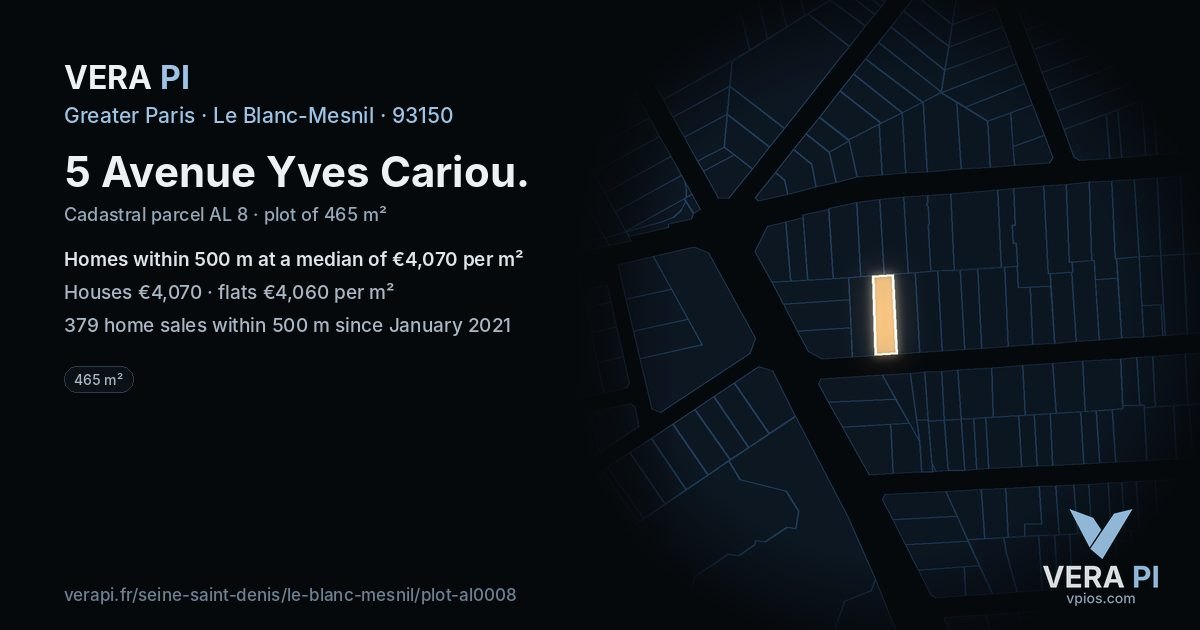 5 Avenue Yves Cariou, Le Blanc-Mesnil at night – the plot lit, the parcels around coloured by the prices near them