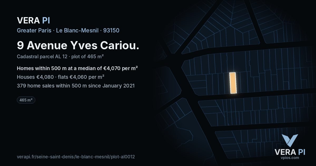 9 Avenue Yves Cariou, Le Blanc-Mesnil at night – the plot lit, the parcels around coloured by the prices near them