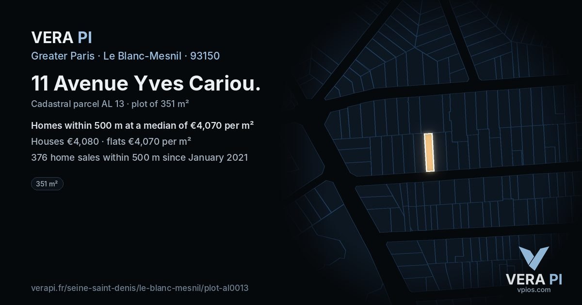 11 Avenue Yves Cariou, Le Blanc-Mesnil at night – the plot lit, the parcels around coloured by the prices near them