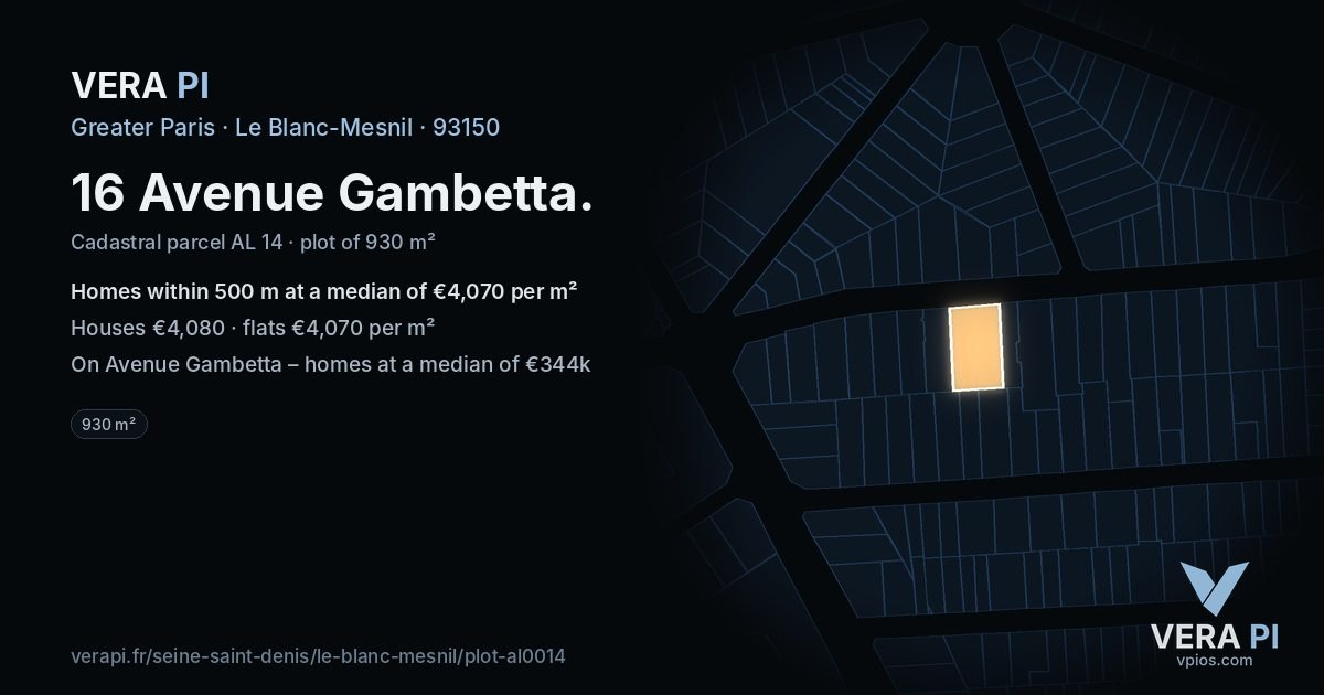 16 Avenue Gambetta, Le Blanc-Mesnil at night – the plot lit, the parcels around coloured by the prices near them