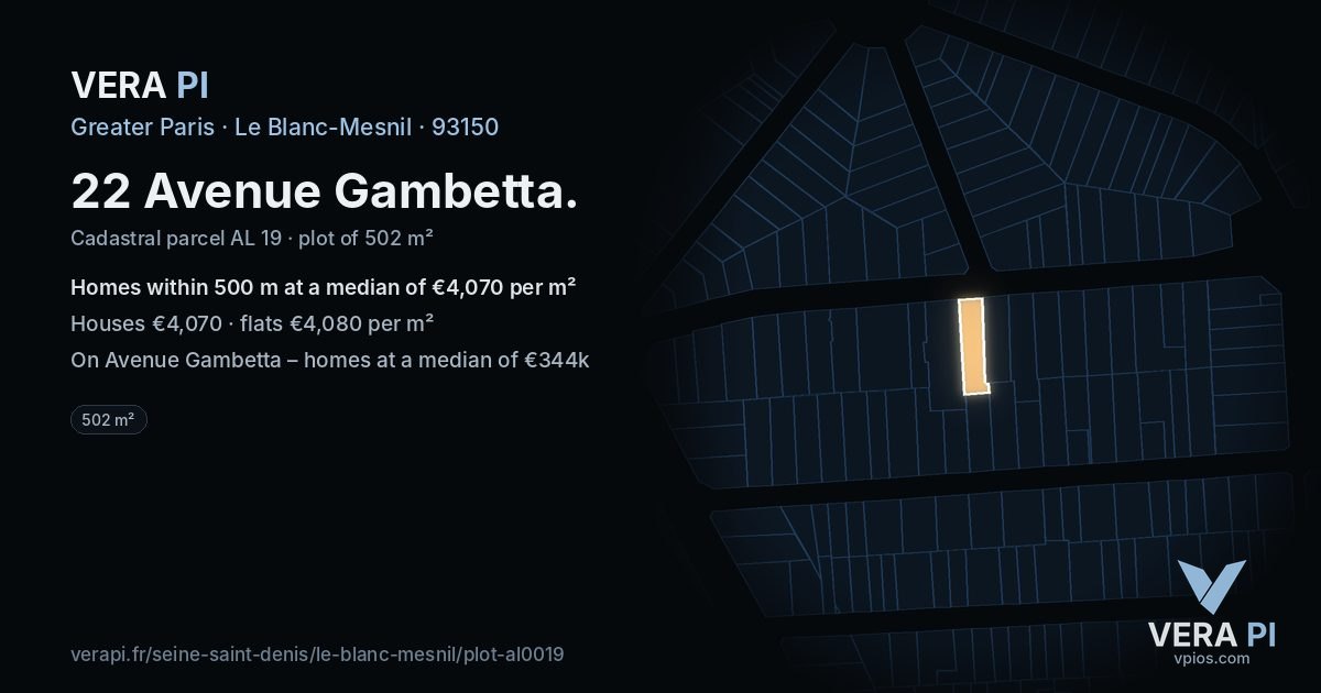 22 Avenue Gambetta, Le Blanc-Mesnil at night – the plot lit, the parcels around coloured by the prices near them