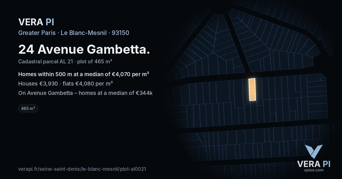 24 Avenue Gambetta, Le Blanc-Mesnil at night – the plot lit, the parcels around coloured by the prices near them