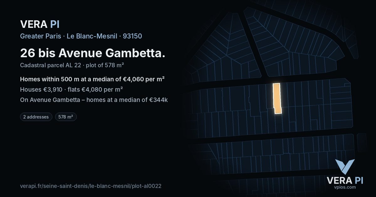 26 bis Avenue Gambetta, Le Blanc-Mesnil at night – the plot lit, the parcels around coloured by the prices near them