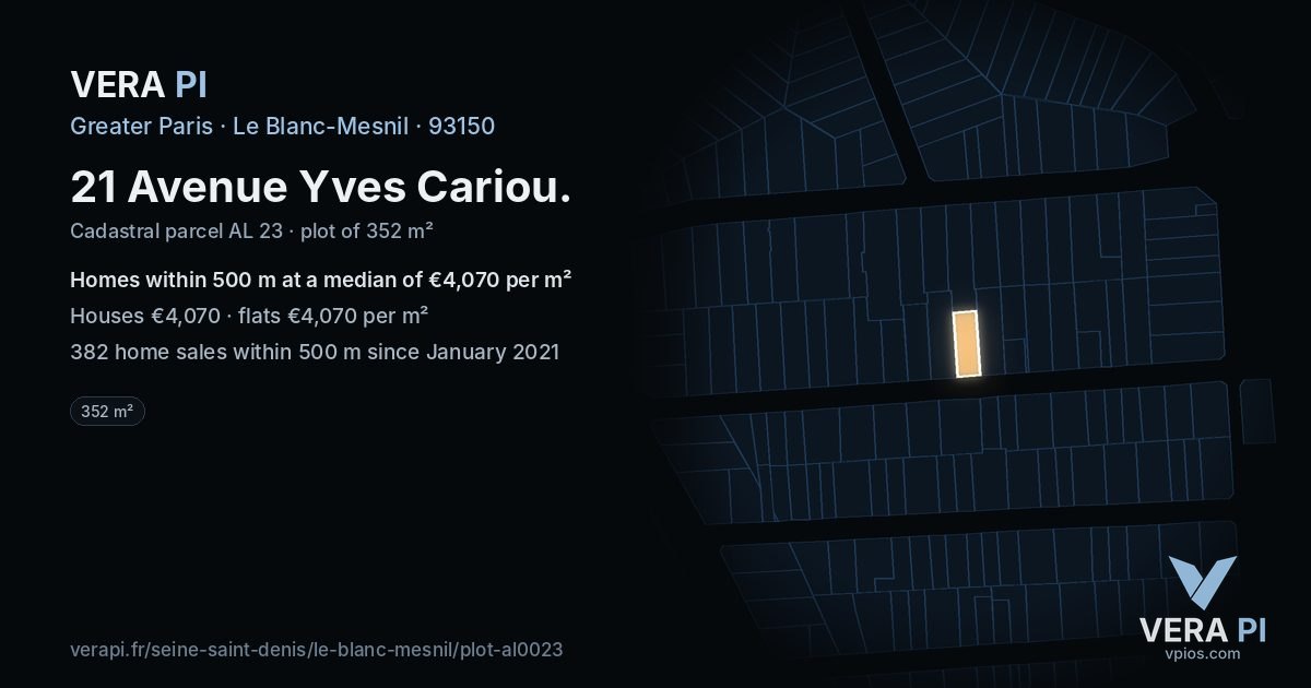 21 Avenue Yves Cariou, Le Blanc-Mesnil at night – the plot lit, the parcels around coloured by the prices near them