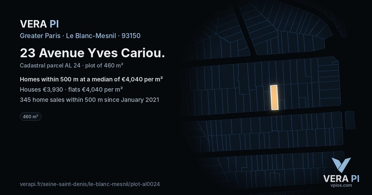 23 Avenue Yves Cariou, Le Blanc-Mesnil at night – the plot lit, the parcels around coloured by the prices near them