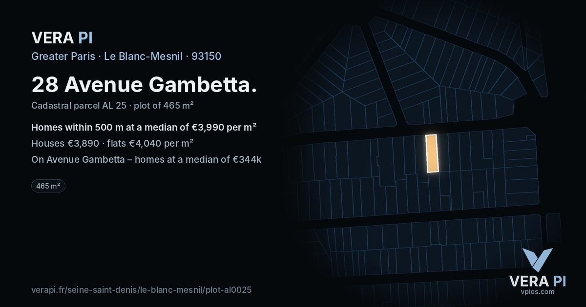 28 Avenue Gambetta, Le Blanc-Mesnil at night – the plot lit, the parcels around coloured by the prices near them