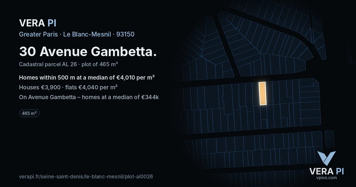 30 Avenue Gambetta, Le Blanc-Mesnil at night – the plot lit, the parcels around coloured by the prices near them