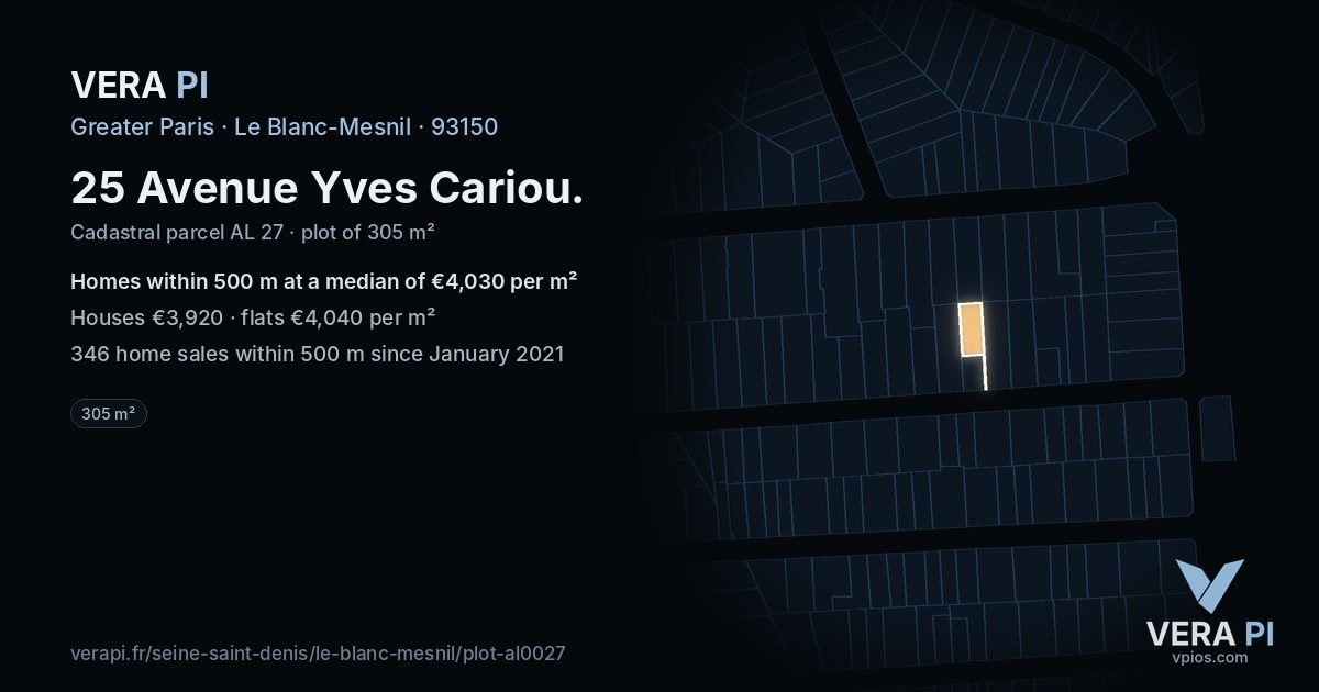 25 Avenue Yves Cariou, Le Blanc-Mesnil at night – the plot lit, the parcels around coloured by the prices near them