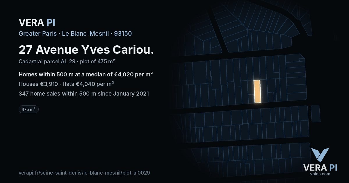 27 Avenue Yves Cariou, Le Blanc-Mesnil at night – the plot lit, the parcels around coloured by the prices near them