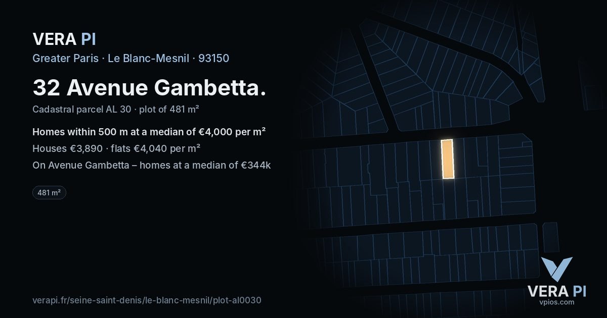 32 Avenue Gambetta, Le Blanc-Mesnil at night – the plot lit, the parcels around coloured by the prices near them