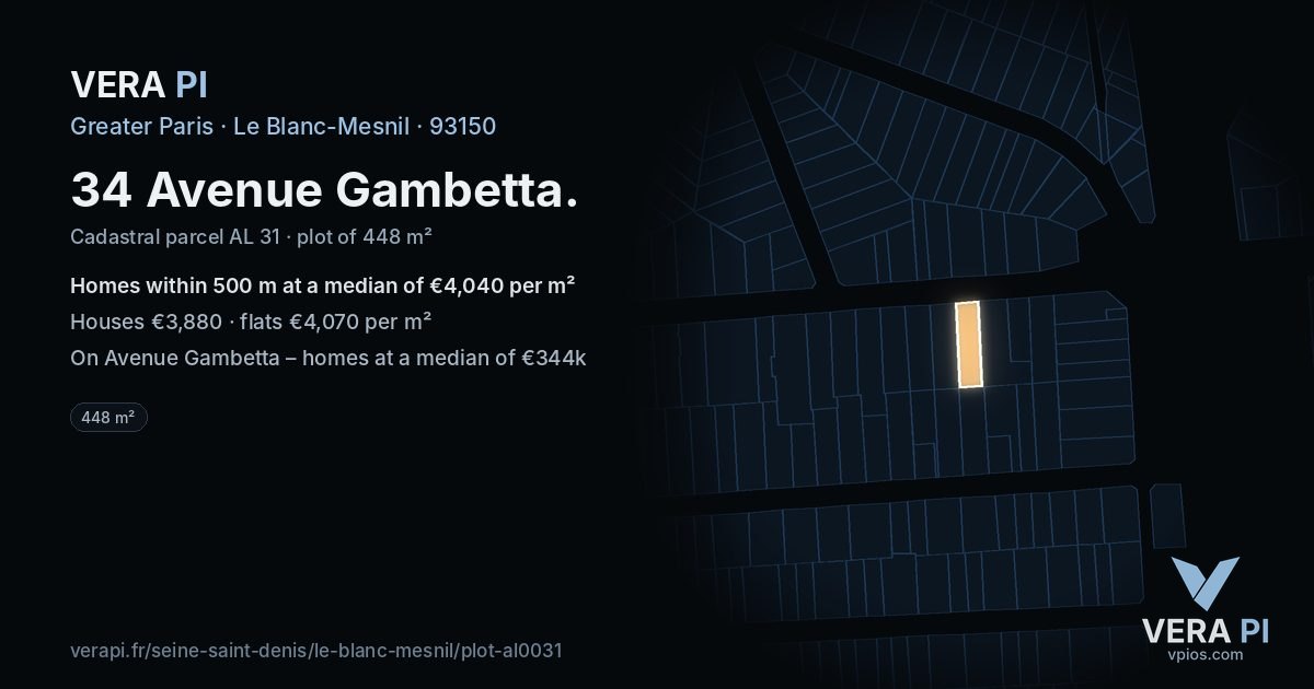 34 Avenue Gambetta, Le Blanc-Mesnil at night – the plot lit, the parcels around coloured by the prices near them