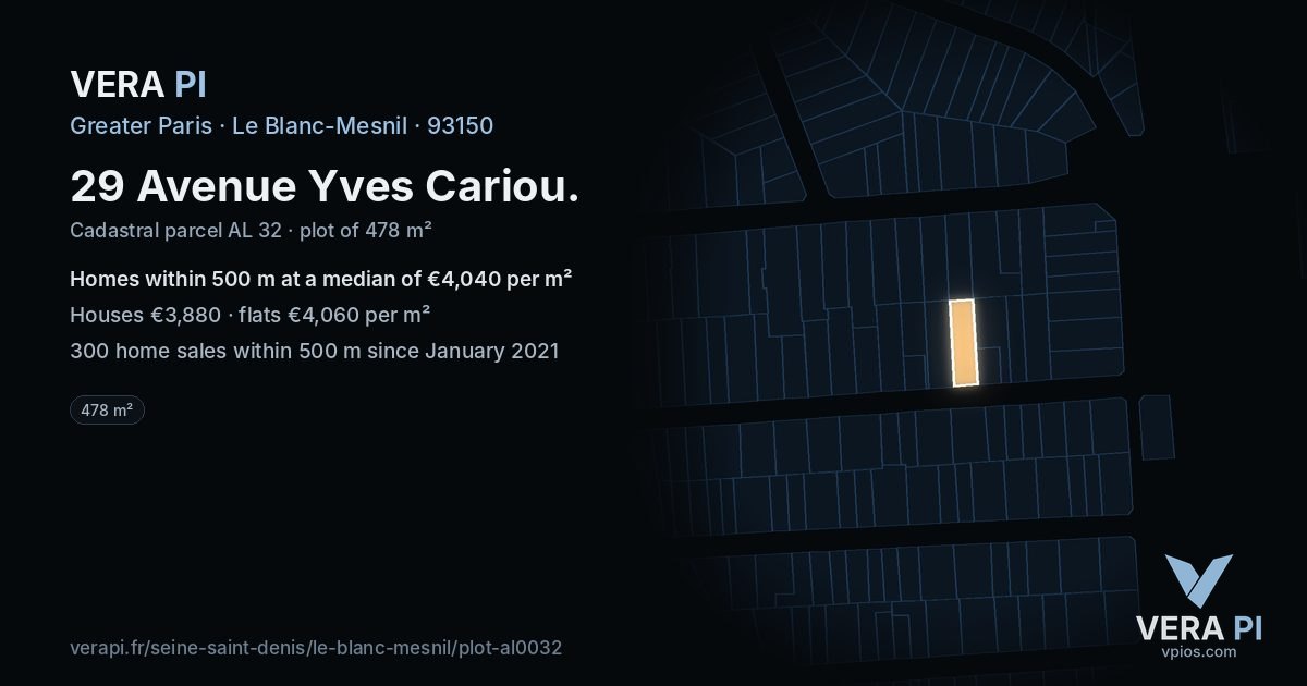 29 Avenue Yves Cariou, Le Blanc-Mesnil at night – the plot lit, the parcels around coloured by the prices near them